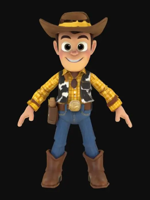 3D model for 一个《玩具总动员》中胡迪警长的卡通模型，高挑纤细，身着经典的黄色格子衬衫、蓝色牛仔裤和印有奶牛斑点的马甲，头戴棕色牛仔帽。他的面部是光滑的塑料材质，笑容友善而自信，眼睛大而明亮。衣服呈现出柔软的布料质感，牛仔裤有轻微的纹理。背部有一个红色的塑料拉环。整体色彩鲜明，触感混合了布料的温暖和塑料的光滑，充满西部牛仔的活力。