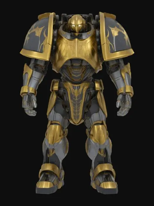 3D model for 一位史诗感的战锤40K风格重装步兵模型。他身披厚重且具压迫感的陶钢动力装甲，主色调为深沉的帝国金与磨砂银。装甲表面刻画着精细的哥特式符文，反射着坚毅的光芒。巨大的肩甲和胸前的帝国双头鹰浮雕彰显其威严。复杂的液压管线与电缆穿插其间。整体材质坚硬冰冷，造型魁梧，散发着不容置疑的军事力量与肃穆感。