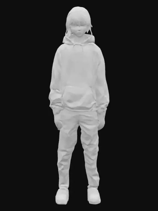 3D model for 一个日式动漫风格的冷峻少年模型。他身材修长，黑色短发略带凌乱，刘海遮住了一部分眼睛。他身着一件深色连帽卫衣和宽松牛仔裤，衣物带有自然的褶皱。他的眼神深邃而内敛，表情平静，透露出一种疏离感。皮肤白皙，卫衣材质是柔软的抓绒布料，整体造型简约，散发着神秘而沉静的气质。