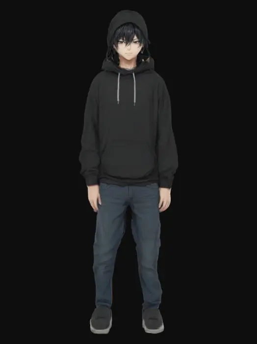 3D model for 一个日式动漫风格的冷峻少年模型。他身材修长，黑色短发略带凌乱，刘海遮住了一部分眼睛。他身着一件深色连帽卫衣和宽松牛仔裤，衣物带有自然的褶皱。他的眼神深邃而内敛，表情平静，透露出一种疏离感。皮肤白皙，卫衣材质是柔软的抓绒布料，整体造型简约，散发着神秘而沉静的气质。