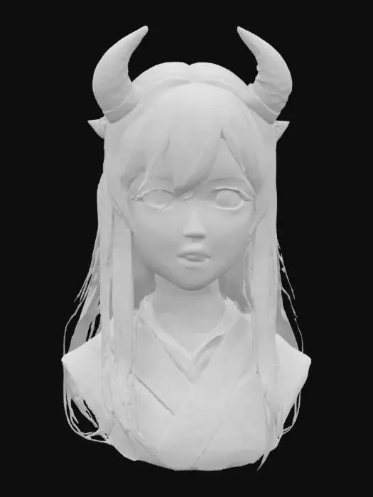 3D model for 一个日式动漫风格的鬼族少女模型。她拥有长而飘逸的黑色或深蓝色长发，额头长有两只光滑的红色或白色小角。她身着传统的和服或改良的日式服饰，衣物上可能绣有火焰或鬼面图案。她的眼睛细长，眼神深邃，表情神秘而带有诱惑力。皮肤白皙，服装材质是丝绸或棉麻，整体造型充满异域风情和神秘魅力。