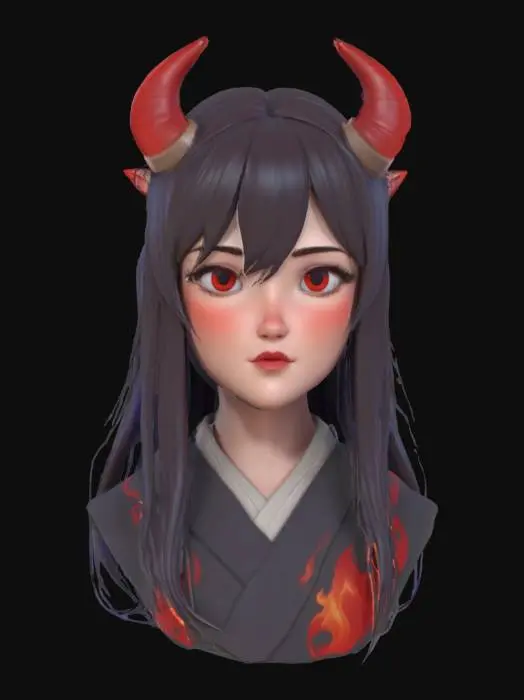 3D model for 一个日式动漫风格的鬼族少女模型。她拥有长而飘逸的黑色或深蓝色长发，额头长有两只光滑的红色或白色小角。她身着传统的和服或改良的日式服饰，衣物上可能绣有火焰或鬼面图案。她的眼睛细长，眼神深邃，表情神秘而带有诱惑力。皮肤白皙，服装材质是丝绸或棉麻，整体造型充满异域风情和神秘魅力。