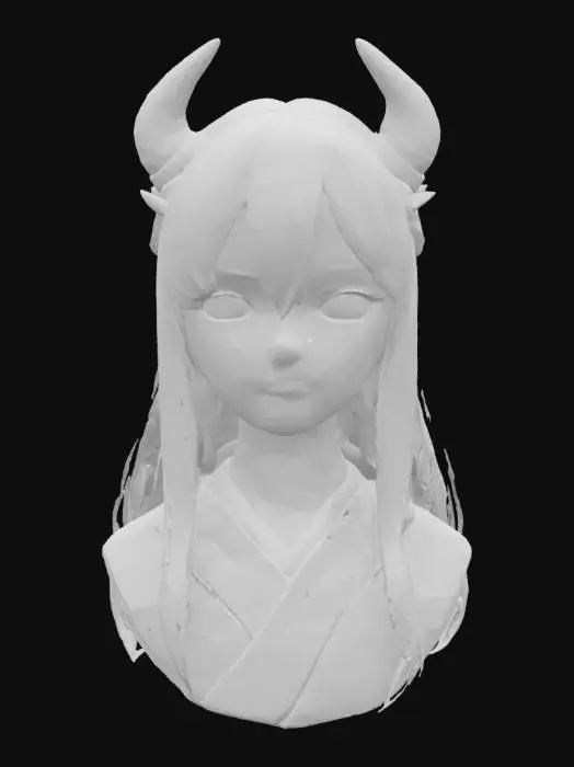 3D model for 一个日式动漫风格的鬼族少女模型。她拥有长而飘逸的黑色或深蓝色长发，额头长有两只光滑的红色或白色小角。她身着传统的和服或改良的日式服饰，衣物上可能绣有火焰或鬼面图案。她的眼睛细长，眼神深邃，表情神秘而带有诱惑力。皮肤白皙，服装材质是丝绸或棉麻，整体造型充满异域风情和神秘魅力。