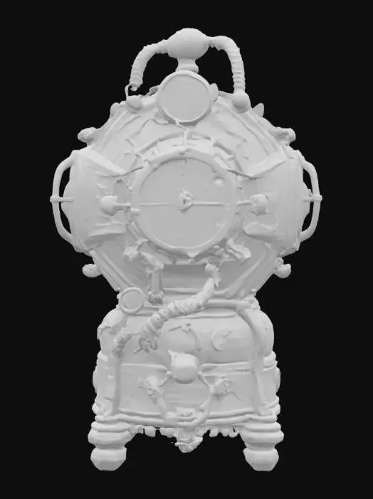 3D model for 一个复杂的蒸汽朋克机械装置，由做旧的黄铜和抛光的铜精制而成，其上可见一系列精密的齿轮和复杂的钟表机构。其坚固、铆接的结构暗示着强大的工程学，而精致的蚀刻图案则装饰着其弯曲的表面。温暖的金属色调与深色、磨损的皮革带和清晰的玻璃仪表相得益彰，仪表内可见沸腾的液体。整体形态既笨重又优雅，金属裸露的部分触感冰冷光滑。