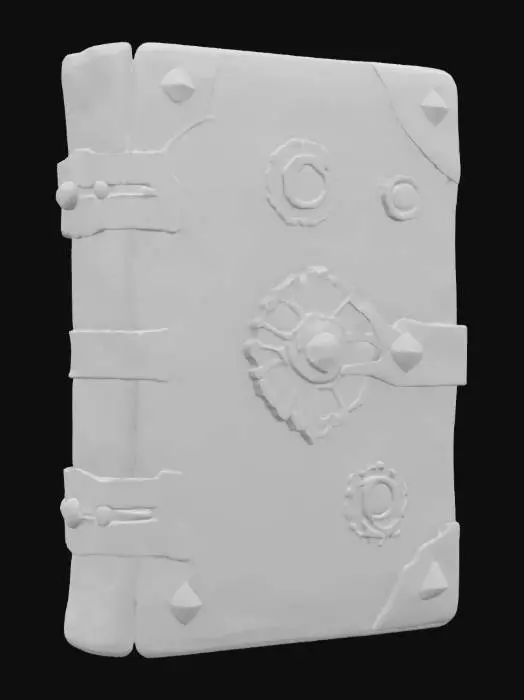 3D model for 一本厚重的发明日志,封面由深棕色磨损皮革和镶嵌的青铜齿轮装饰。书脊由铆钉固定,纸张边缘泛黄且有燃烧痕迹。皮革触感粗糙且柔软,青铜齿轮冰冷。这本书散发着古老而智慧的气息,仿佛记录了无数蒸汽时代的奇思妙想和手稿。