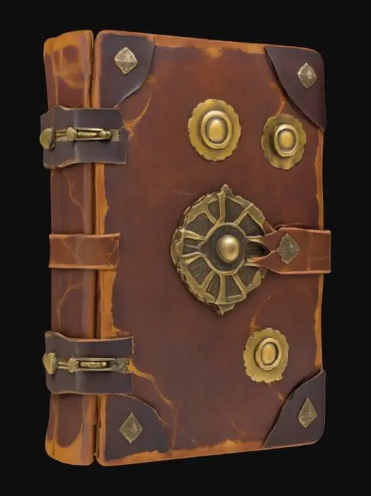 3D model for 一本厚重的发明日志,封面由深棕色磨损皮革和镶嵌的青铜齿轮装饰。书脊由铆钉固定,纸张边缘泛黄且有燃烧痕迹。皮革触感粗糙且柔软,青铜齿轮冰冷。这本书散发着古老而智慧的气息,仿佛记录了无数蒸汽时代的奇思妙想和手稿。