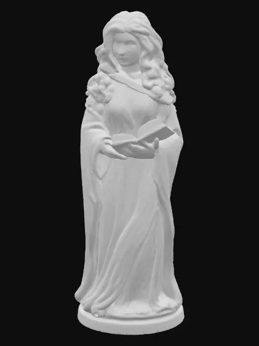 3D model for 一枚优雅的赫敏·格兰杰巫师棋子，以象牙白色的树脂制成，触感温润而细腻。棋子形象的赫敏身着飘逸的巫师长袍，袍子边缘有细致的褶皱，呈现出流线型。她拥有一头卷曲的长发，面容聪慧而专注，手中似乎握着一本书或魔杖，整体姿态自信而充满智慧。