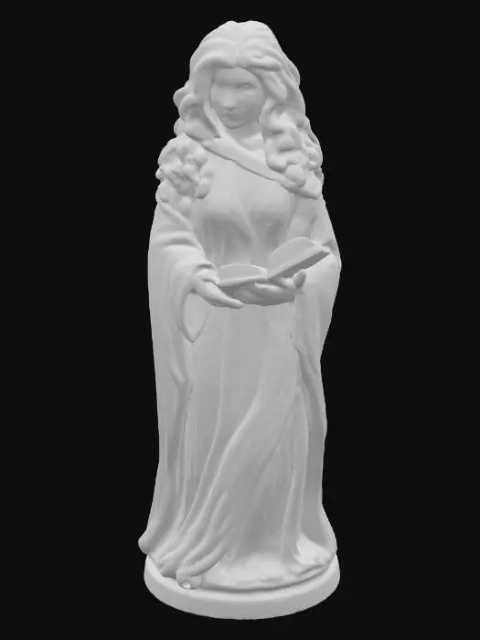 3D model for 一枚优雅的赫敏·格兰杰巫师棋子，以象牙白色的树脂制成，触感温润而细腻。棋子形象的赫敏身着飘逸的巫师长袍，袍子边缘有细致的褶皱，呈现出流线型。她拥有一头卷曲的长发，面容聪慧而专注，手中似乎握着一本书或魔杖，整体姿态自信而充满智慧。