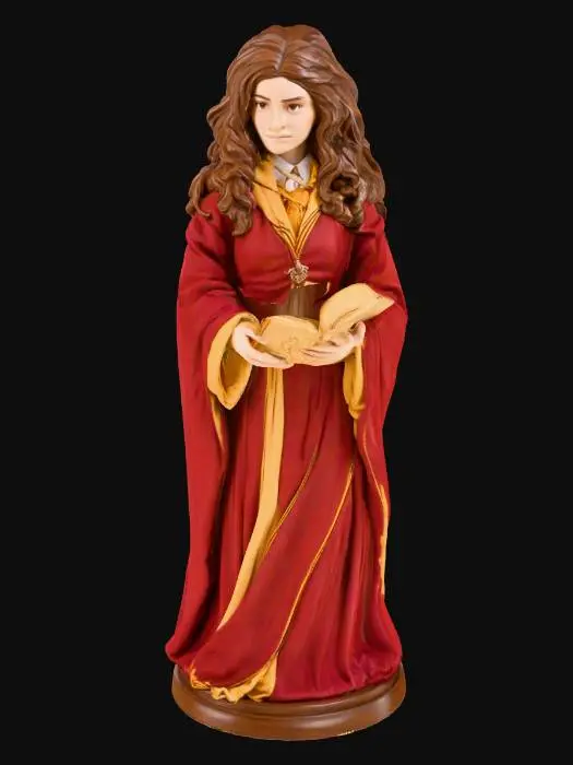 3D model for 一枚优雅的赫敏·格兰杰巫师棋子，以象牙白色的树脂制成，触感温润而细腻。棋子形象的赫敏身着飘逸的巫师长袍，袍子边缘有细致的褶皱，呈现出流线型。她拥有一头卷曲的长发，面容聪慧而专注，手中似乎握着一本书或魔杖，整体姿态自信而充满智慧。