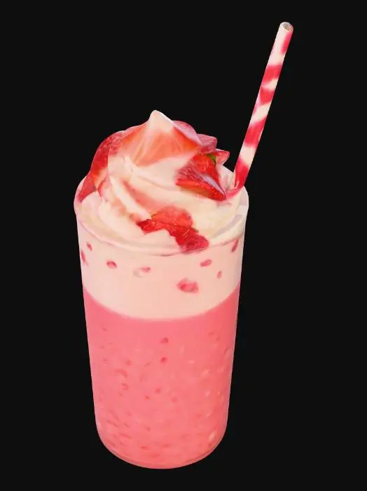 3D model for 一杯冰凉爽口的草莓奶昔，呈现出诱人的淡粉色，顶部覆盖着厚厚的白色鲜奶油，并点缀着几颗鲜红的草莓碎块。液体质地浓稠，可见细微的冰沙颗粒。杯壁上可能挂着粉色液滴，触感冰凉顺滑，散发出甜美清新的草莓与奶香。