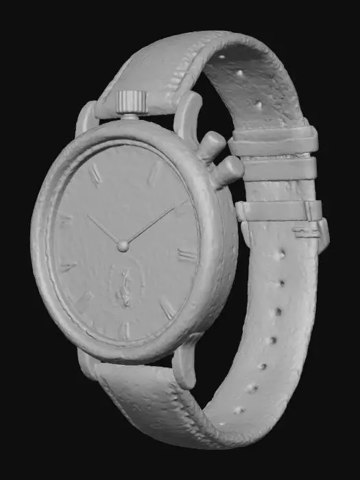 3D model for 一款复古风机械计时表，黄铜色精钢表壳，带有精细的拉丝纹理和按键。象牙白色表盘上是精细的黑色罗马数字时标和蓝色指针，搭配深棕色鳄鱼皮纹理表带。整体设计散发着经典优雅的魅力，材质触感温润，工艺精湛，充满历史韵味。