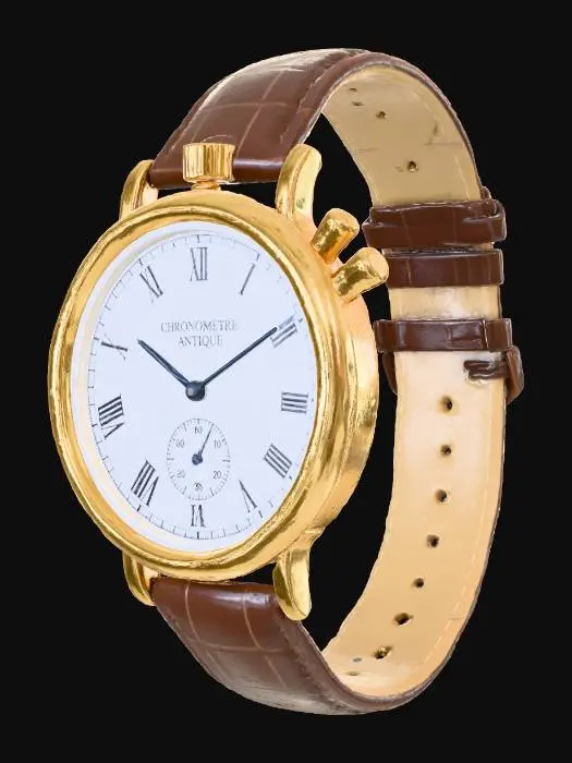 3D model for 一款复古风机械计时表，黄铜色精钢表壳，带有精细的拉丝纹理和按键。象牙白色表盘上是精细的黑色罗马数字时标和蓝色指针，搭配深棕色鳄鱼皮纹理表带。整体设计散发着经典优雅的魅力，材质触感温润，工艺精湛，充满历史韵味。