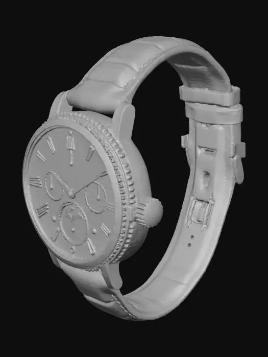 3D model for 一款带有月相功能的复杂腕表,抛光精钢圆形表壳,边缘带有钱币纹路。深蓝色砂金石表盘,点缀着微小亮点,模拟星空,月相盘为金色。搭配深蓝色鳄鱼皮表带,整体呈现出古典的浪漫气息,工艺复杂,材质奢华,视觉效果丰富。