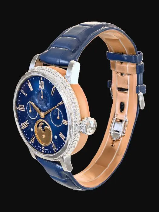 3D model for 一款带有月相功能的复杂腕表,抛光精钢圆形表壳,边缘带有钱币纹路。深蓝色砂金石表盘,点缀着微小亮点,模拟星空,月相盘为金色。搭配深蓝色鳄鱼皮表带,整体呈现出古典的浪漫气息,工艺复杂,材质奢华,视觉效果丰富。