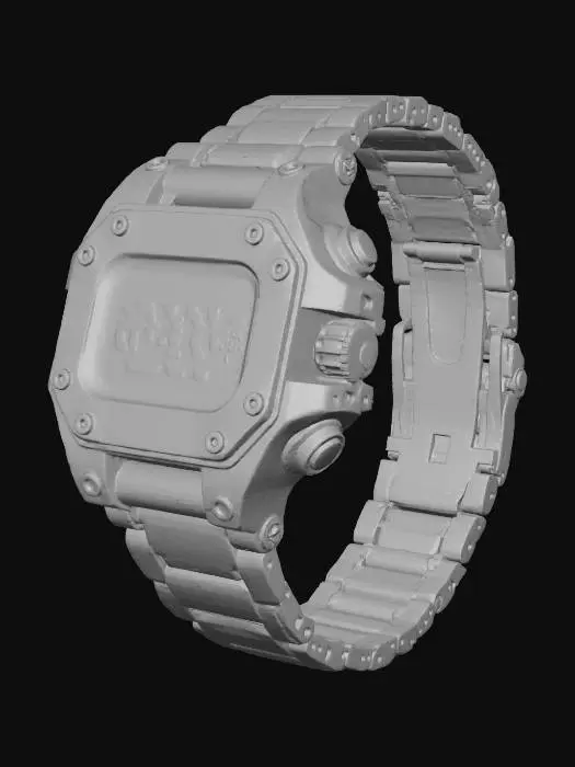 3D model for 一款工业风格的数字腕表，磨砂黑色阳极氧化铝表壳，带有明显的螺丝和铆钉细节，呈现出粗犷的机械美感。红色LED数字显示屏，搭配坚固的黑色链节式金属表带。整体设计强调功能和结构，材质触感冰冷坚硬，充满力量感。