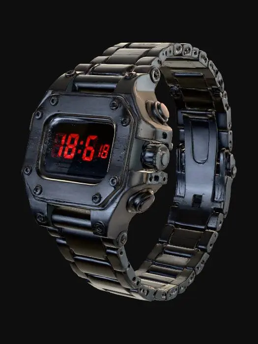 3D model for 一款工业风格的数字腕表，磨砂黑色阳极氧化铝表壳，带有明显的螺丝和铆钉细节，呈现出粗犷的机械美感。红色LED数字显示屏，搭配坚固的黑色链节式金属表带。整体设计强调功能和结构，材质触感冰冷坚硬，充满力量感。