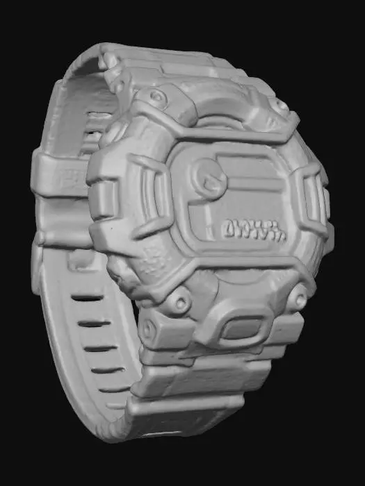 3D model for 一款坚固耐用的G-Shock风格运动表,黑色树脂表壳带有复杂的立体保护结构,防震且抗冲击。负显LCD数字显示屏在黑暗中发出蓝绿色背光,大型防滑按钮分布在侧面。厚实的黑色橡胶表带,表面有防滑纹理,整体呈现出极强的力量感和实用性,适合户外极限运动。