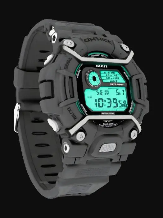 3D model for 一款坚固耐用的G-Shock风格运动表,黑色树脂表壳带有复杂的立体保护结构,防震且抗冲击。负显LCD数字显示屏在黑暗中发出蓝绿色背光,大型防滑按钮分布在侧面。厚实的黑色橡胶表带,表面有防滑纹理,整体呈现出极强的力量感和实用性,适合户外极限运动。