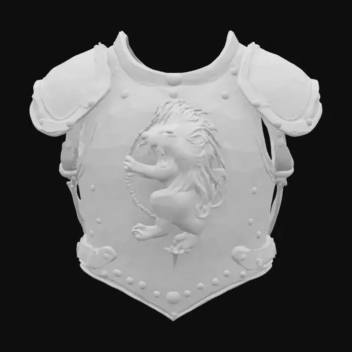 3D model for 一件饱经战火的骑士胸甲，由厚重的暗哑钢板锻造而成，表面遍布刀剑划痕与凹痕，呈现出战斗的累累印记。胸甲中央高浮雕着一头咆哮的雄狮纹章，细节刻画入微。甲片之间以粗犷的皮革带连接，部分钢板边缘被深棕色的锈迹侵蚀，整体色调沉稳，触感坚硬冰冷，尽显久经沙场的威严。