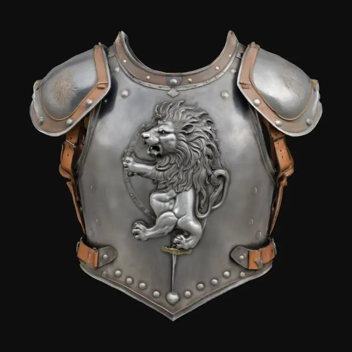 3D model for 一件饱经战火的骑士胸甲，由厚重的暗哑钢板锻造而成，表面遍布刀剑划痕与凹痕，呈现出战斗的累累印记。胸甲中央高浮雕着一头咆哮的雄狮纹章，细节刻画入微。甲片之间以粗犷的皮革带连接，部分钢板边缘被深棕色的锈迹侵蚀，整体色调沉稳，触感坚硬冰冷，尽显久经沙场的威严。