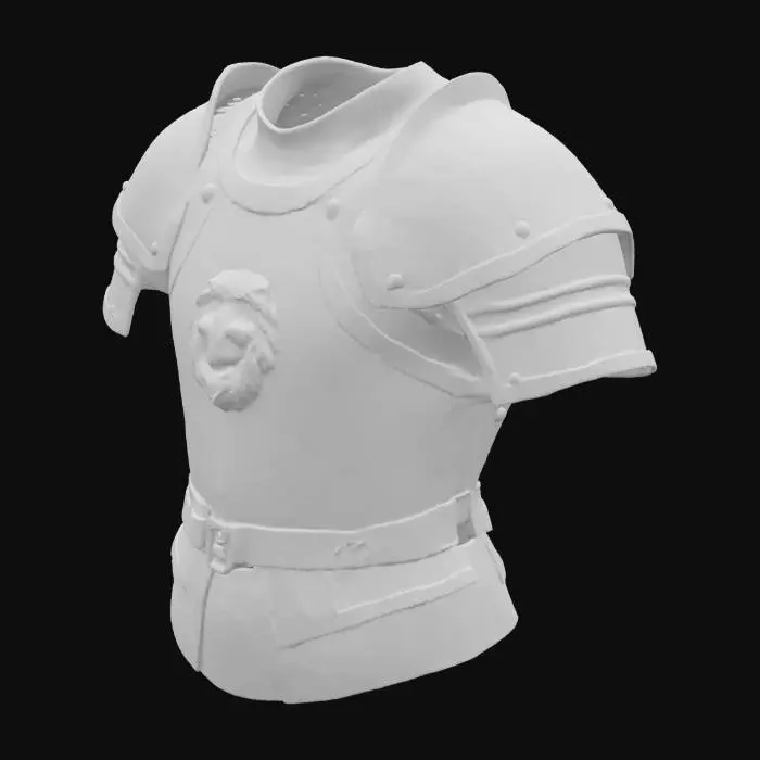 3D model for 一件饱经战火的骑士胸甲，由厚重的暗哑钢板锻造而成，表面遍布刀剑划痕与凹痕，呈现出战斗的累累印记。胸甲中央高浮雕着一头咆哮的雄狮纹章，细节刻画入微。甲片之间以粗犷的皮革带连接，部分钢板边缘被深棕色的锈迹侵蚀，整体色调沉稳，触感坚硬冰冷，尽显久经沙场的威严。