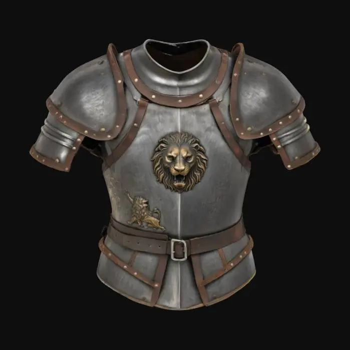 3D model for 一件饱经战火的骑士胸甲，由厚重的暗哑钢板锻造而成，表面遍布刀剑划痕与凹痕，呈现出战斗的累累印记。胸甲中央高浮雕着一头咆哮的雄狮纹章，细节刻画入微。甲片之间以粗犷的皮革带连接，部分钢板边缘被深棕色的锈迹侵蚀，整体色调沉稳，触感坚硬冰冷，尽显久经沙场的威严。