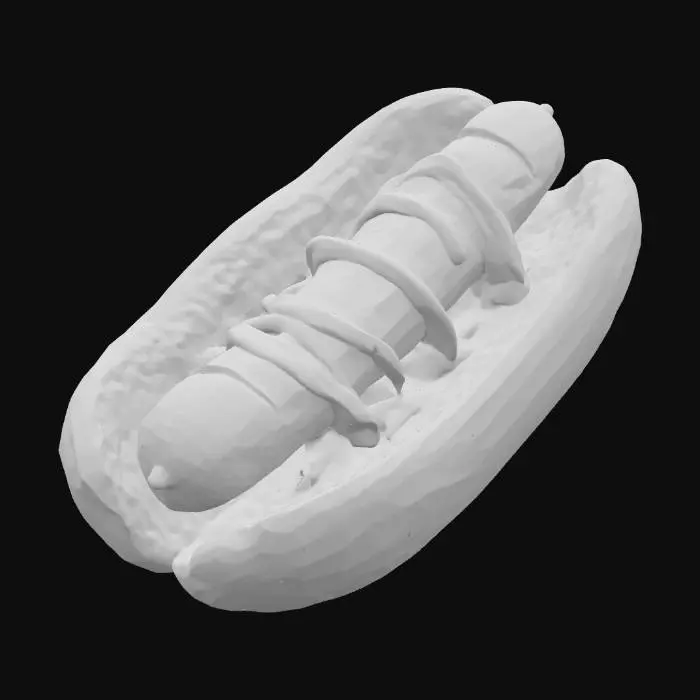 3D model for 一根香甜松软的热狗面包，颜色呈淡黄色，内部柔软。面包中央夹着一根烤至微焦的香肠，香肠表面有烤制后的纹路。顶部挤上金黄色的芥末酱和红色的番茄酱，呈波浪状。触感面包松软，香肠Q弹，整体造型简单而经典，散发着诱人的复合香气。