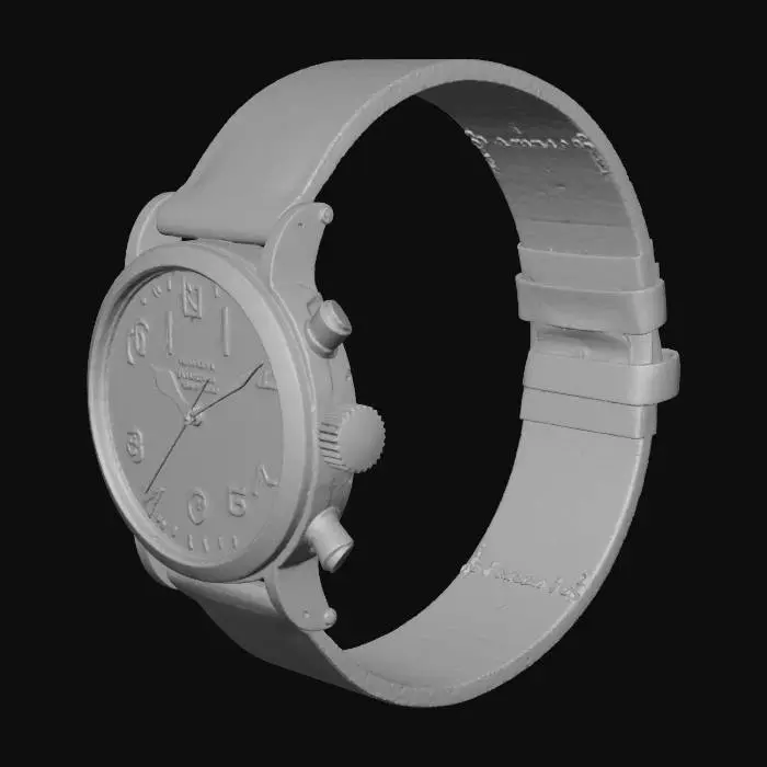 3D model for 一款怀旧感的飞行员计时码表，磨砂精钢表壳，带有大型洋葱头表冠和方块计时按钮。黑色哑光表盘上是超大夜光阿拉伯数字和剑形夜光指针，清晰易读。搭配做旧处理的棕色厚实牛皮表带，边缘有白色缝线，整体外观粗犷复古，散发着二战时期航空的英雄主义气息。