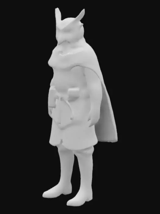 3D model for Голова: ушастая сова, пастельно-коричневые и белые перья
Одежда: льняная рубашка, заправленная в юбку, высокие ботинки
Мантия: присутствует, но капюшон опущен
Аксессуары: старая потертая кожаная книга с заклинаниями на поясе
Поза: нейтральная стоячая, для полного обзора персонажа