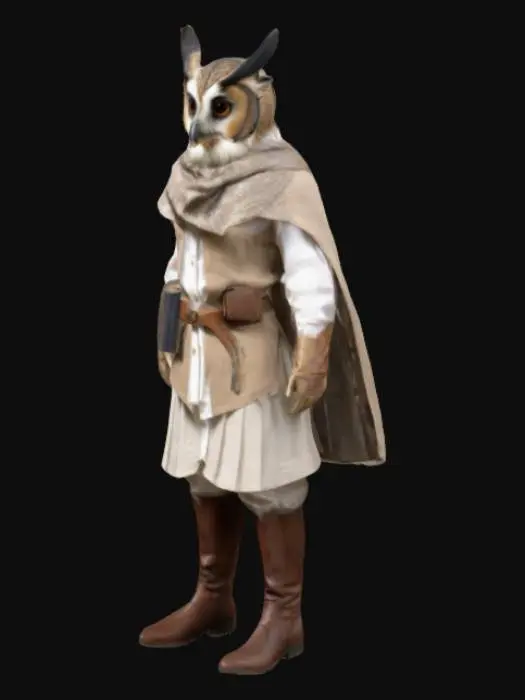 3D model for Голова: ушастая сова, пастельно-коричневые и белые перья
Одежда: льняная рубашка, заправленная в юбку, высокие ботинки
Мантия: присутствует, но капюшон опущен
Аксессуары: старая потертая кожаная книга с заклинаниями на поясе
Поза: нейтральная стоячая, для полного обзора персонажа