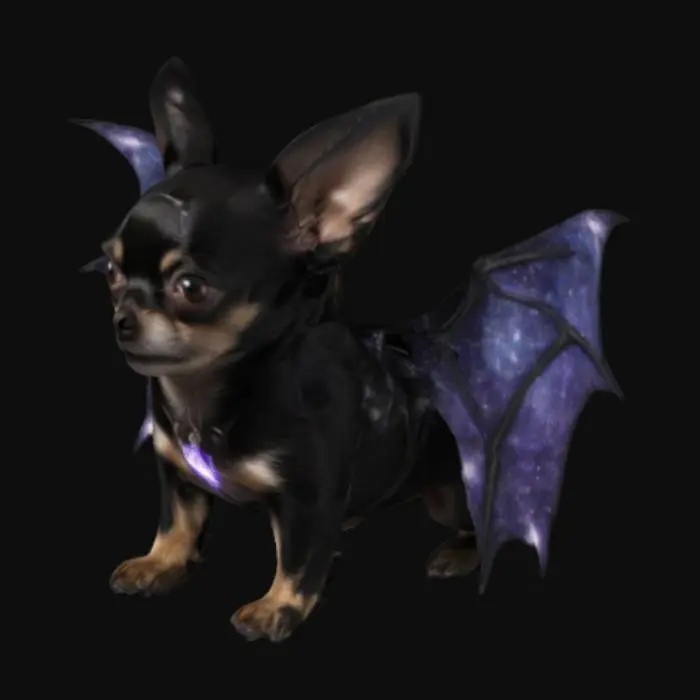 3D model for маленькая черная собака чихуахуа с крыльями летучей мыши, и на лбу  волшебный камень
