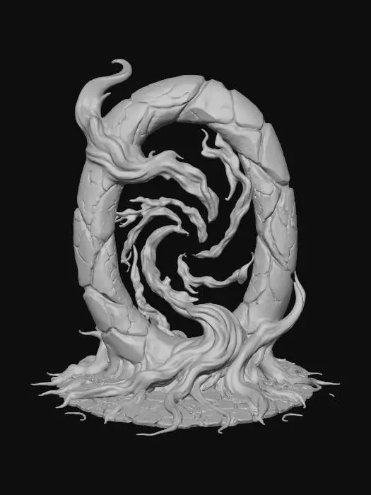 3D model for Create a dramatic magical portal matching the provided reference. Shape: vertical oval vortex with swirling smoke and flowing root-like tendrils at the base. Style: high-detail, cinematic, organic stone frame with deep cracks. Color tone: shiny-white — pale metallic/stone frame with bright white-cold glowing veins and radiant core, cool rim light. Lighting: strong emissive cracks, subtle rim light, volumetric particles/embers. Output PBR-ready texture look, transparent background, high-frequency detail, photoreal-stylized. No watermark or text.