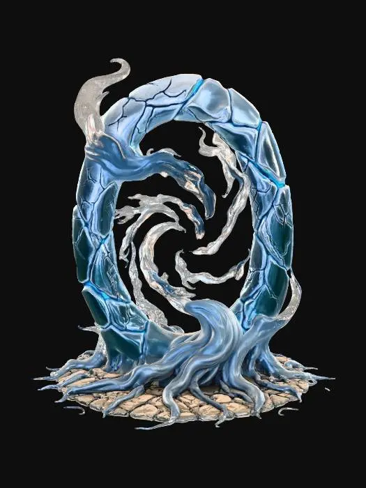 3D model for Create a dramatic magical portal matching the provided reference. Shape: vertical oval vortex with swirling smoke and flowing root-like tendrils at the base. Style: high-detail, cinematic, organic stone frame with deep cracks. Color tone: shiny-white — pale metallic/stone frame with bright white-cold glowing veins and radiant core, cool rim light. Lighting: strong emissive cracks, subtle rim light, volumetric particles/embers. Output PBR-ready texture look, transparent background, high-frequency detail, photoreal-stylized. No watermark or text.