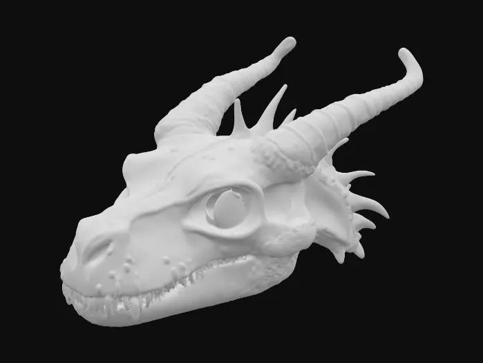 3D model for #PBR#, A fossilized dragon skull with elongated, ridged horns curving backward. The bone texture is weathered ivory with deep cracks and porous details, dusted with mossy green and earthen brown discoloration. Metallic deposits of tarnished copper streak through parts of the skull, giving it a mineral-encrusted look. The eye sockets glow faintly with ghostly turquoise light, casting a soft luminescence over the fractured bone surface.