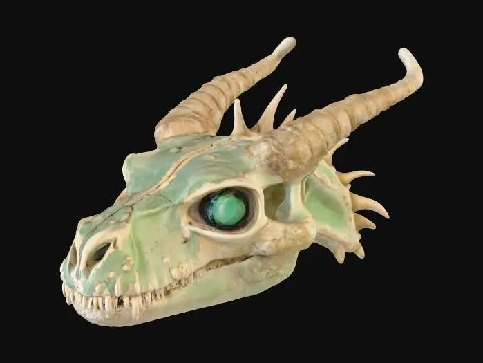 3D model for #PBR#, A fossilized dragon skull with elongated, ridged horns curving backward. The bone texture is weathered ivory with deep cracks and porous details, dusted with mossy green and earthen brown discoloration. Metallic deposits of tarnished copper streak through parts of the skull, giving it a mineral-encrusted look. The eye sockets glow faintly with ghostly turquoise light, casting a soft luminescence over the fractured bone surface.