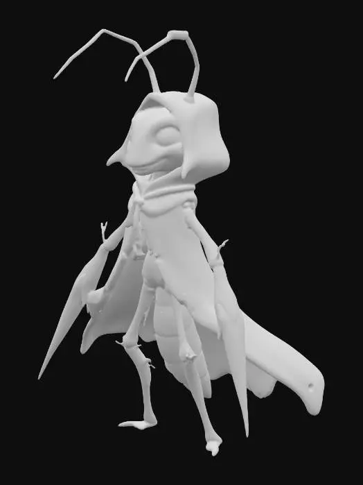 3D model for a stick bug rogue with sharp arms, cute illustrated style, wearing a cloak