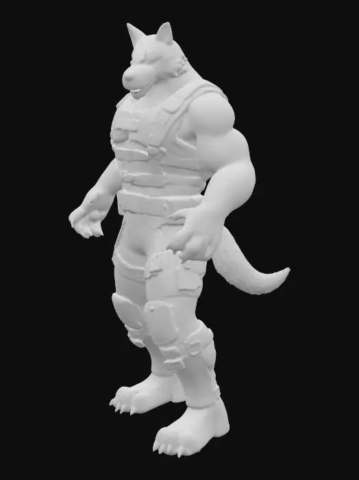 3D model for A formidable figure of Wolf O'Donnell, depicting the anthropomorphic grey wolf from the Star Fox series. He stands in a powerful, imposing posture, perhaps with a confident snarl on his muzzle. His body is covered in a tactical, dark grey or purple harness made of robust, leathery material with metallic buckles and straps, cinched over his sleek, short fur. Distinctive features include his cybernetic eye with a glowing red iris, a prominent scar, and pointed ears. His hands are clawed, hinting at strength, and his overall physique is muscular and predatory.