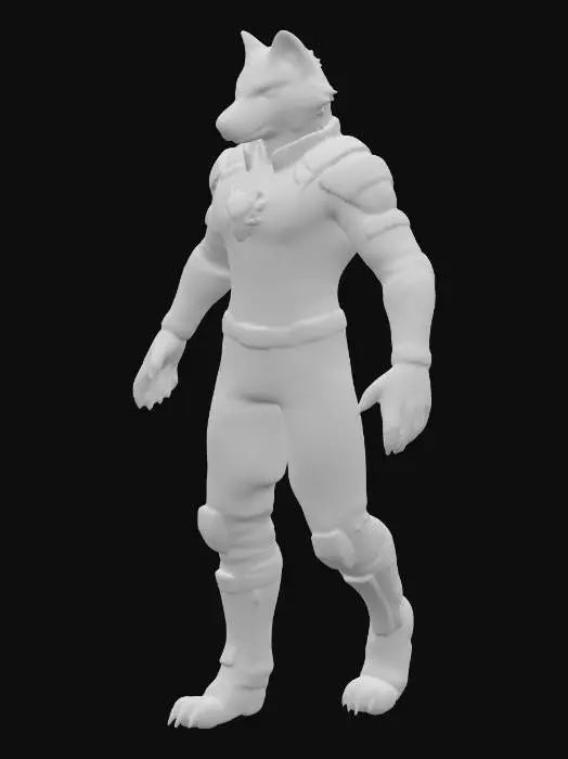 3D model for A handsome and lithe figure of Wolf O'Donnell from the Star Fox series. His sleek, grey fur covers a slender yet agile physique, emphasizing his predatory grace. His distinctive, cybernetic eye glows with a menacing red, contrasting with his striking natural eye. A prominent scar adds to his rugged handsomeness, with his sharp snout and pointed ears lending an intelligent, cunning expression. He wears a form-fitting, tactical uniform or outfit, likely made of durable, smooth fabric with metallic accents, highlighting his lean, powerful build and dynamic posture.