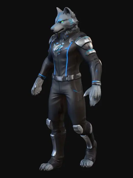 3D model for A handsome and lithe figure of Wolf O'Donnell from the Star Fox series. His sleek, grey fur covers a slender yet agile physique, emphasizing his predatory grace. His distinctive, cybernetic eye glows with a menacing red, contrasting with his striking natural eye. A prominent scar adds to his rugged handsomeness, with his sharp snout and pointed ears lending an intelligent, cunning expression. He wears a form-fitting, tactical uniform or outfit, likely made of durable, smooth fabric with metallic accents, highlighting his lean, powerful build and dynamic posture.