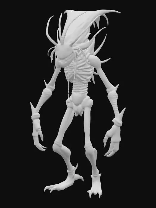 3D model for A 2.5m insectoid alien with a light-absorbing black exoskeleton. Its eyeless head has glowing purple tendrils. A circular maw hums with needle-teeth. Four clawed legs scorch the ground. Its thin torso shows shadowy organs. Two scythe-arms drip toxic fluid. Faint whispers echo around it. Set in a derelict space station with flickering lights and corroded walls. Focus on sleek, alien terror.