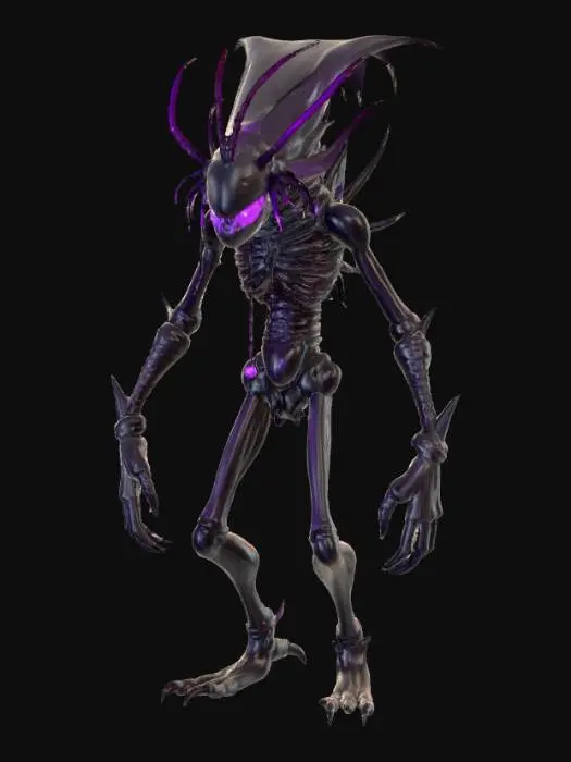 3D model for A 2.5m insectoid alien with a light-absorbing black exoskeleton. Its eyeless head has glowing purple tendrils. A circular maw hums with needle-teeth. Four clawed legs scorch the ground. Its thin torso shows shadowy organs. Two scythe-arms drip toxic fluid. Faint whispers echo around it. Set in a derelict space station with flickering lights and corroded walls. Focus on sleek, alien terror.