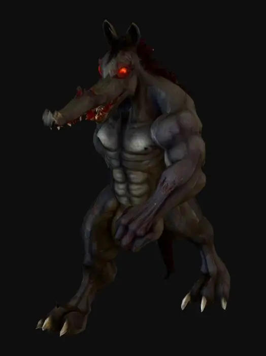 3D model for "A terrifying horse monster standing in a T-pose. The creature should have a muscular humanoid body with horse-like features: a horse’s head with sharp teeth, glowing red eyes, and flared nostrils. Its body is covered in rough, cracked skin with patches of fur. The arms are long, ending in clawed hands, and the legs are powerful, shaped like a horse’s hind legs with hooves. Add spikes along its back and a long, menacing tail. No weapons, just a raw monstrous appearance. The model should be symmetrical and in a neutral T-pose for rigging and animation."