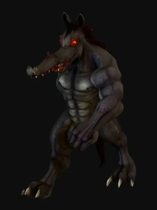 3D model for "A terrifying horse monster standing in a T-pose. The creature should have a muscular humanoid body with horse-like features: a horse’s head with sharp teeth, glowing red eyes, and flared nostrils. Its body is covered in rough, cracked skin with patches of fur. The arms are long, ending in clawed hands, and the legs are powerful, shaped like a horse’s hind legs with hooves. Add spikes along its back and a long, menacing tail. No weapons, just a raw monstrous appearance. The model should be symmetrical and in a neutral T-pose for rigging and animation."