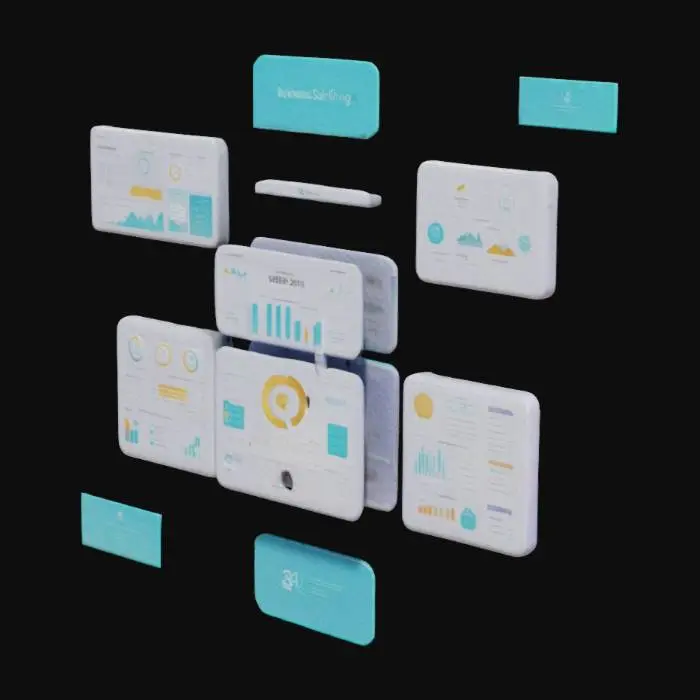 3D model for A 3D corporate infographic representing business software. Floating digital interface panels display abstract but recognizable UI elements from CRM (Bitrix24), ERP (1C), video conferencing (Zoom), and analytics (Power BI). The layout is clean and structured, resembling a futuristic control panel. Soft gradients, modern typography, and subtle isometric elements create a professional, high-tech aesthetic in corporate colors (white, blue, gray, and soft pastels).