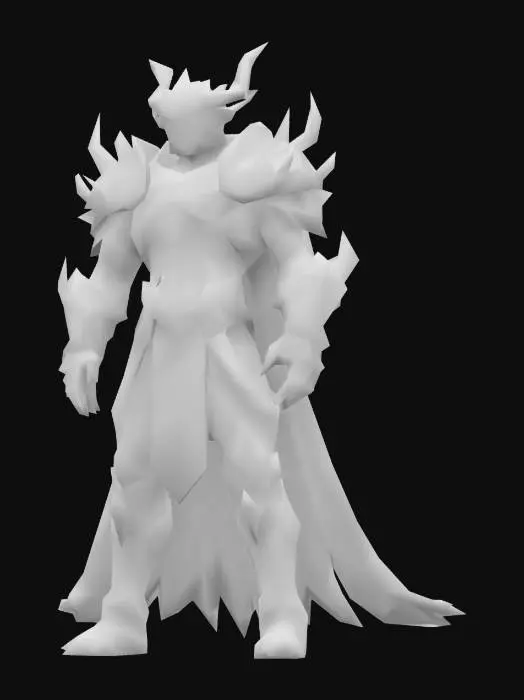 3D model for Design a stylized 3D gladiator armor inspired by Stormwing Plate Set from Aion. Full plate armor with icy dragon theme. Massive spiked shoulders like frozen wings, glowing blue accents, ice crystal engravings on chestplate. Helmet with dragon-face design and frost horns. Cold steel, silver, and blue palette. Magical frost particles around armor. Game-ready, fantasy MMORPG style.
