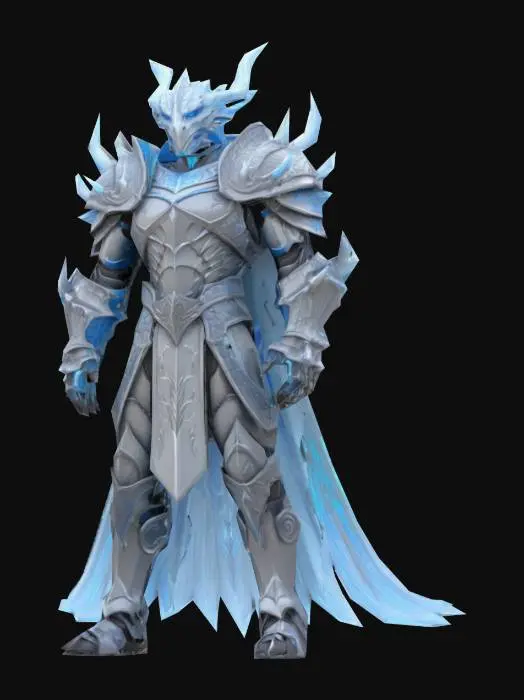 3D model for Design a stylized 3D gladiator armor inspired by Stormwing Plate Set from Aion. Full plate armor with icy dragon theme. Massive spiked shoulders like frozen wings, glowing blue accents, ice crystal engravings on chestplate. Helmet with dragon-face design and frost horns. Cold steel, silver, and blue palette. Magical frost particles around armor. Game-ready, fantasy MMORPG style.