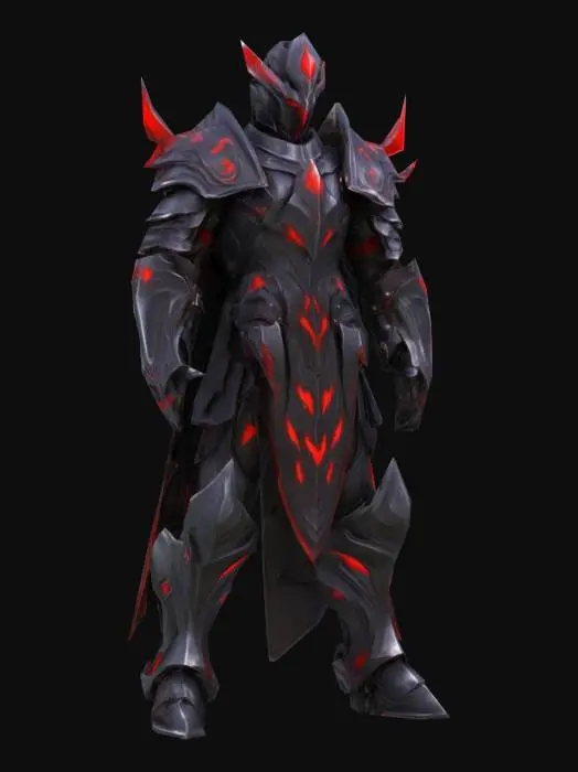 3D model for Create a 3D PvP warrior armor inspired by the Abyss 60 Elite Set from Aion. Dark full plate armor with sharp edges, glowing red highlights, and a demonic flair. Shoulders and helmet feature blade-like spikes. Black steel texture with blood-red runes. Designed for high-tier MMORPG PvP combat. Stylized, powerful, and intimidating.
