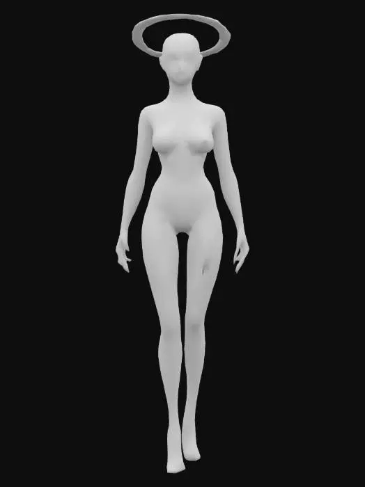 3D model for A mysterious humanoid cosmic entity with a tall, slender, and athletic build, made of glowing dark energy. The body is sleek and black with neon pink and purple glowing circuit-like patterns running across the limbs and torso. The character has no visible face—only darkness beneath a large, glowing, floating hat shaped like a fiery, rotating Saturn-like ring made of plasma and energy. The hat emits trails of light and rotates slowly. The arms and legs taper slightly, with sharp, elegant proportions, giving the character a graceful but powerful appearance. The overall vibe is otherworldly, enigmatic, and powerful, like a space deity or interdimensional traveler