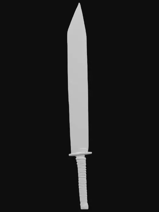 3D model for Ultra realistic 3D concept of a massive black katana sword inspired by Bleach anime, main character's weapon (Zangetsu). The blade is oversized and raw-looking, with a rugged, slightly chipped edge, matte black metal surface, wrapped cloth handle, no guard, fantasy anime style but hyper-realistic materials and lighting. Background should be neutral or studio-like, focused on showcasing the sword design in high detail.