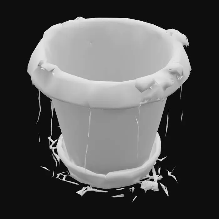 3D model for A spooky, old flower pot in a haunted house style. The pot is large, slightly cracked, and made of aged ceramic with faded floral decals and humorous yet creepy stickers like "Don't mess with Granny" and "Home is where the screams are." Moss and cobwebs hang from the edges. There’s a faint inner glow, as if something magical is hidden inside. Stylized design, slightly exaggerated proportions, fitting a cartoonish horror universe. Medium worn surface, vintage texture. Ideal for use in a stylized animation or game asset